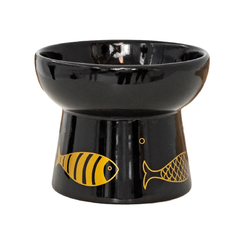 Ceramic Elevated Bowl - Black & Gold Fish - 7 oz